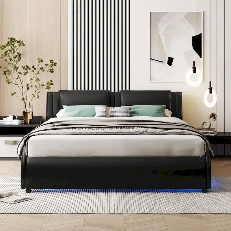 Upholstered Faux Leather Platform Bed with LED Light