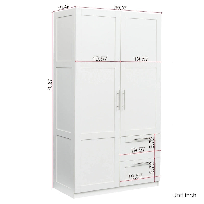 White Wood Wardrobe Armoire Storage Cabinet with Doors,Drawers,Hanging Rod