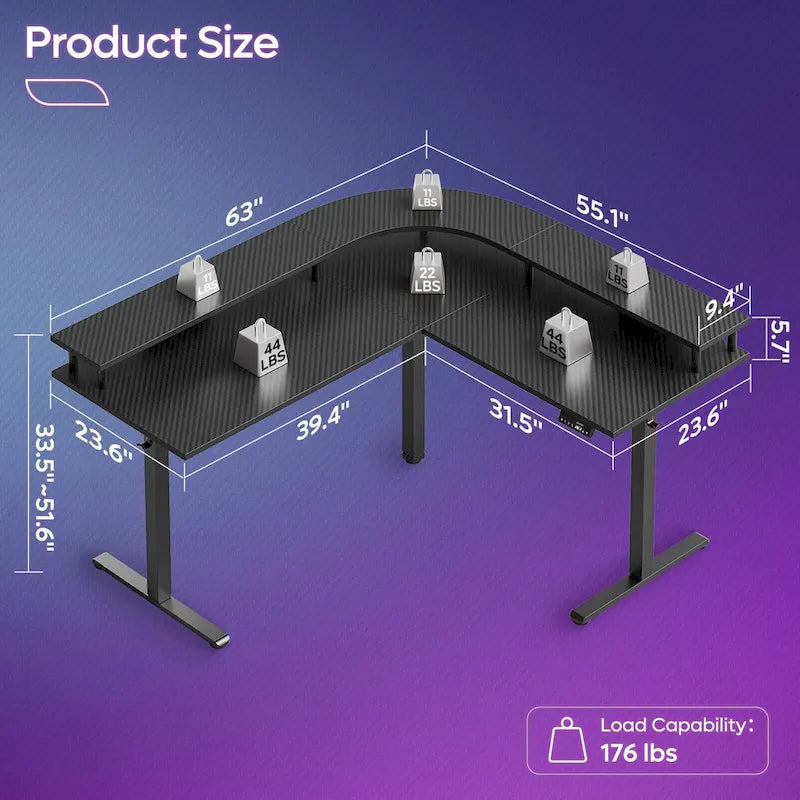 63 L Shaped Standing Desk Gaming Desk with Adjustable Height Ergonomic Monitor Stand Corner Desk