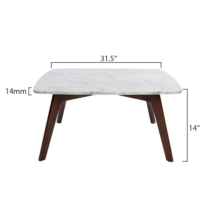 Vezzana 31 Square Italian Carrara White Marble Coffee Table with Walnut Legs
