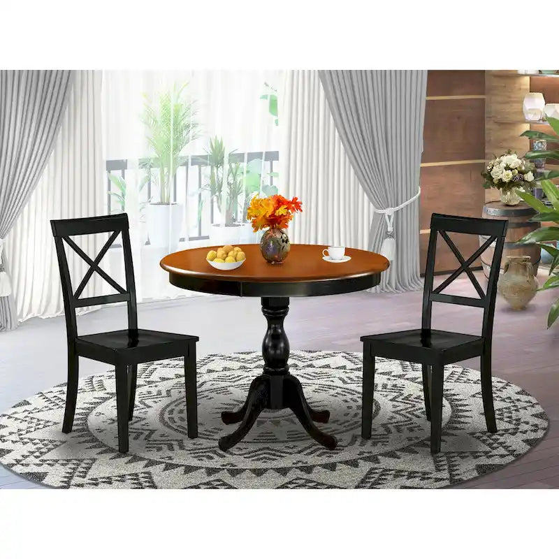 3 Piece Kitchen Table Set- A Round Dining Table and Wooden Seat Chairs, Black & Cherry (Pieces Options)