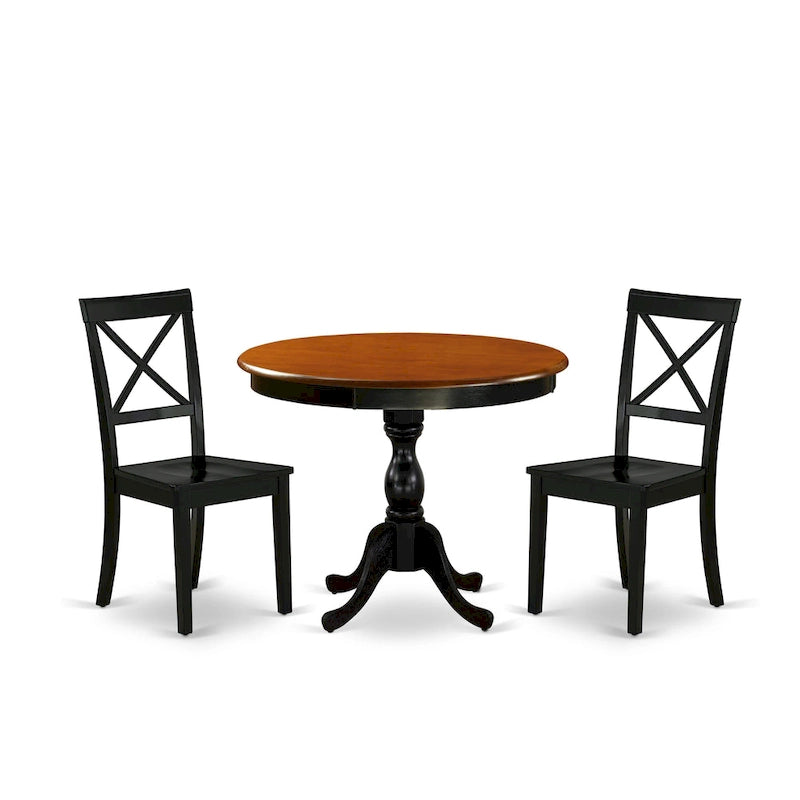 3 Piece Kitchen Table Set- A Round Dining Table and Wooden Seat Chairs, Black & Cherry (Pieces Options)