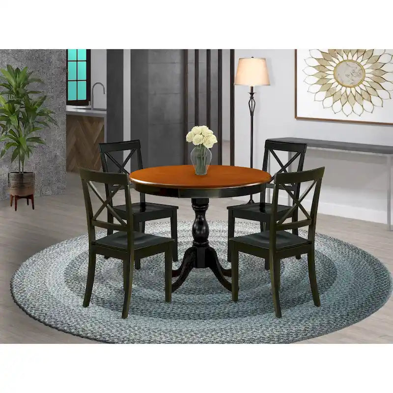 3 Piece Kitchen Table Set- A Round Dining Table and Wooden Seat Chairs, Black & Cherry (Pieces Options)