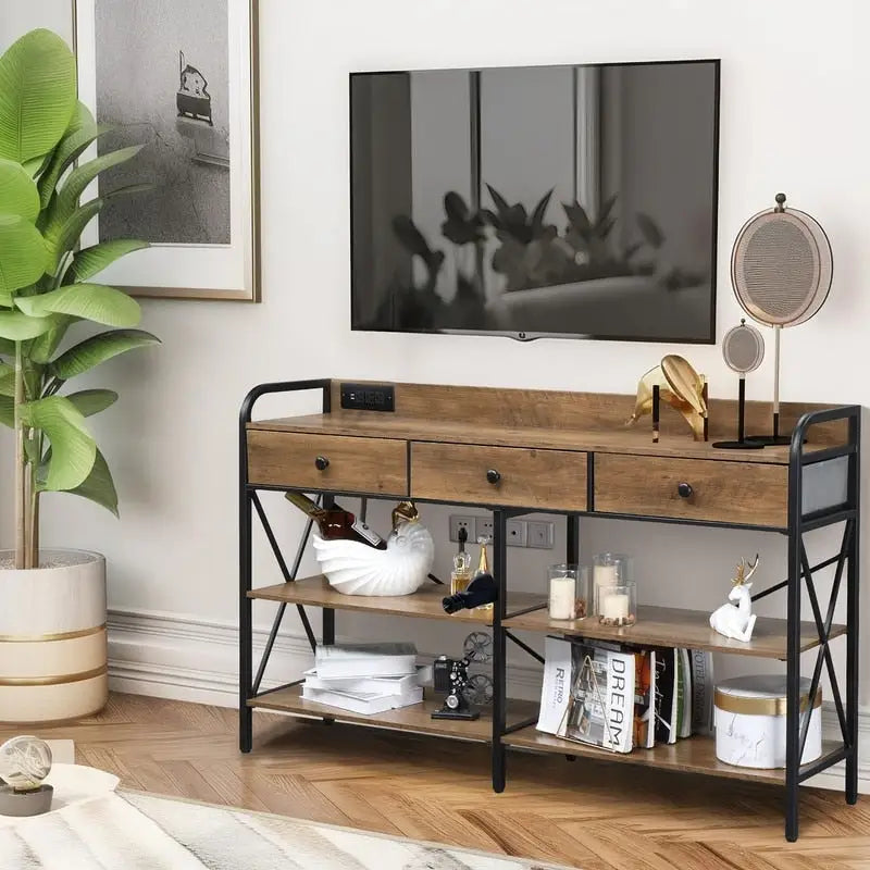 Console Table with Outlets and USB Ports, Narrow Entryway Table with 3-Drawer