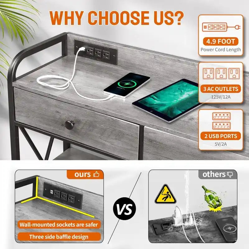 Console Table with Outlets and USB Ports, Narrow Entryway Table with 3-Drawer