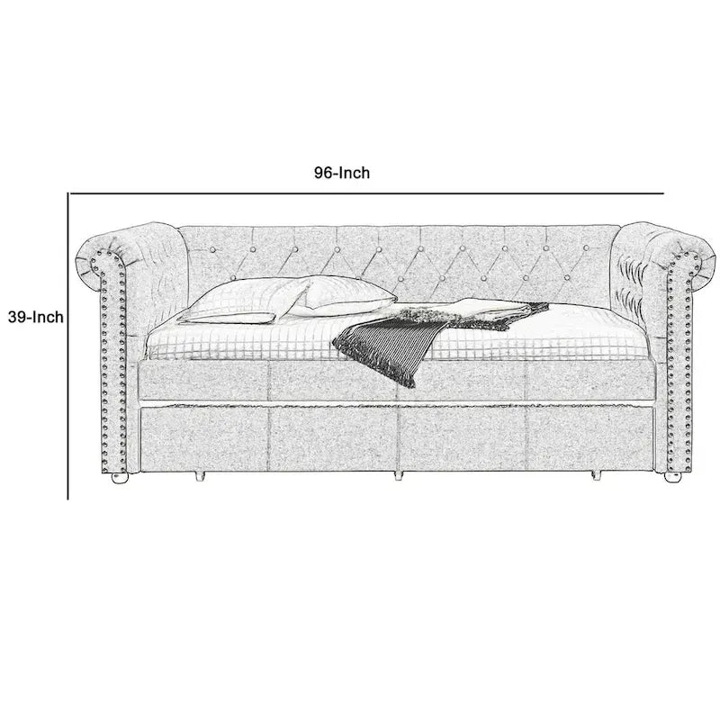 Chesterfield Twin Size Daybed with Attached Trundle and Nailhead Trims,Gray