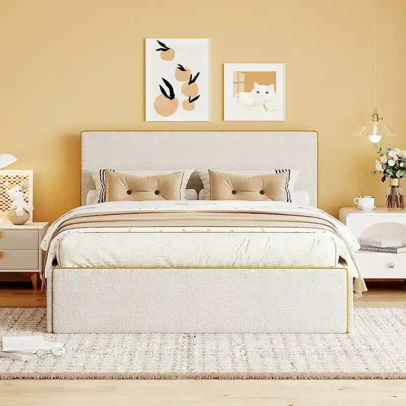 Full Size Fleece Upholstered Platform Bed with 4 Drawers and Golden Edge on the Headboard & Footboard