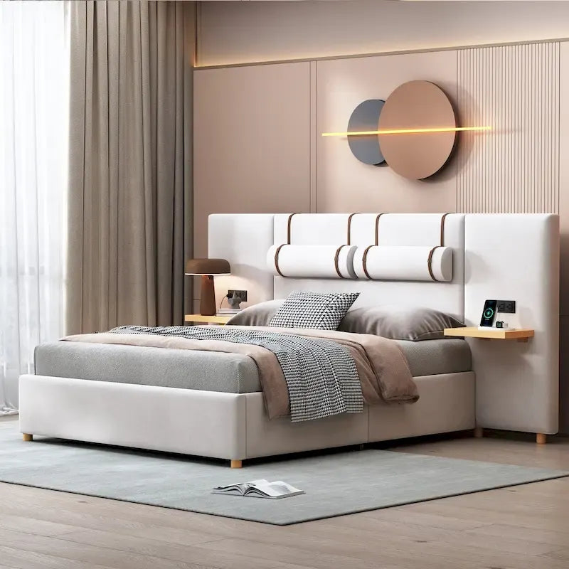 Queen Size Velvet Upholstered Platform Bed,Two Outlets and USB Charging Ports on Both Sides,Two Bedside Pillows,Storage Shelves