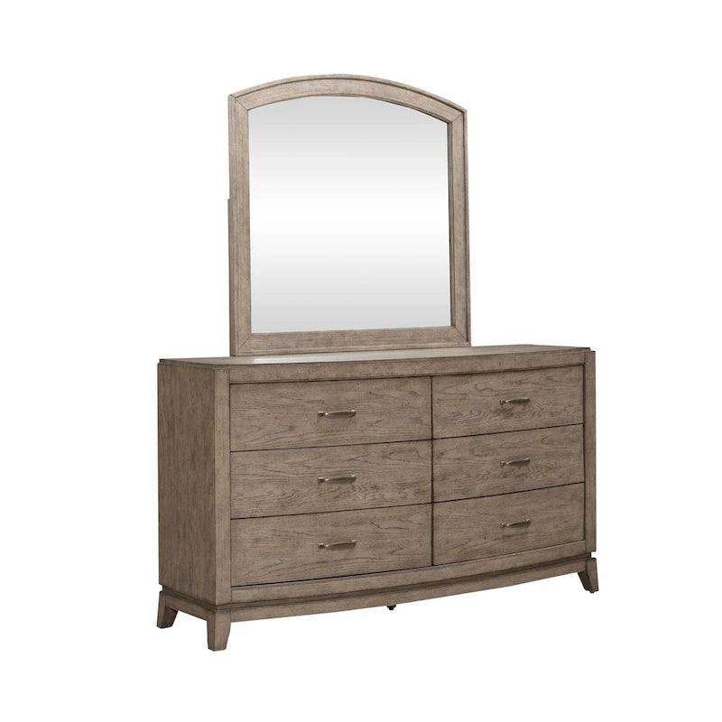Avalon Burnished Beige Oak Upholstered Storage Bed with Dresser, Mirror, Chest Bedroom Set - King, Queen