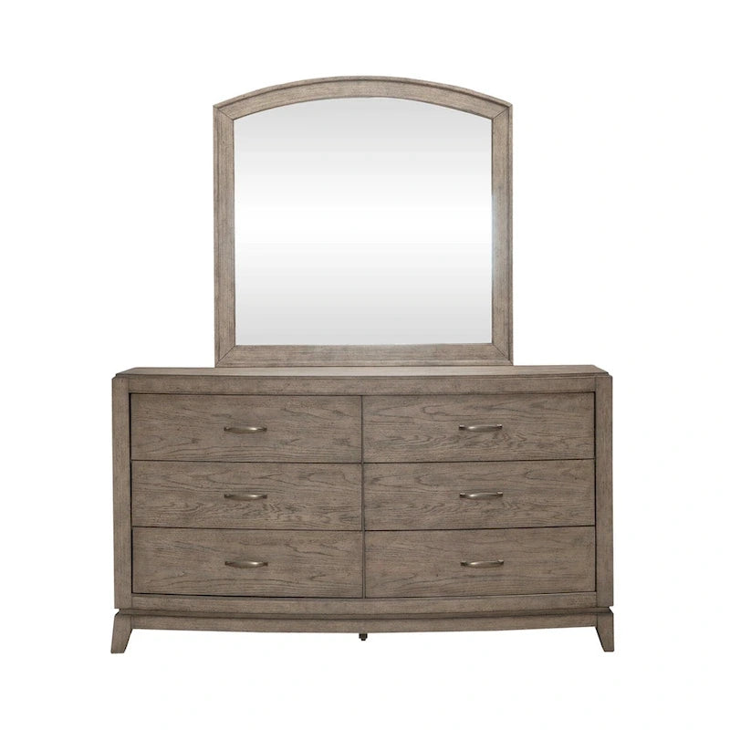 Avalon Burnished Beige Oak Upholstered Storage Bed with Dresser, Mirror, Chest Bedroom Set - King, Queen