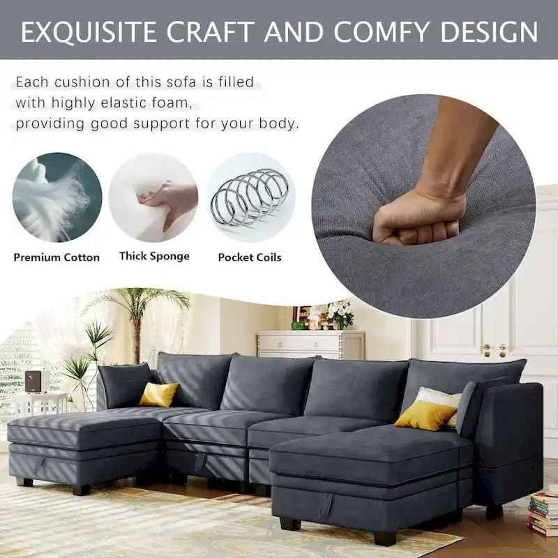 Modern Large U-Shape Modular Sectional Sofa, Convertible Sofa Bed with Reversible Chaise for Living Room, Storage Seat