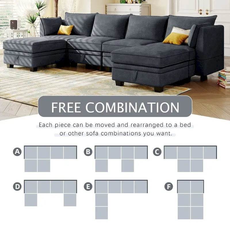 Modern Large U-Shape Modular Sectional Sofa, Convertible Sofa Bed with Reversible Chaise for Living Room, Storage Seat