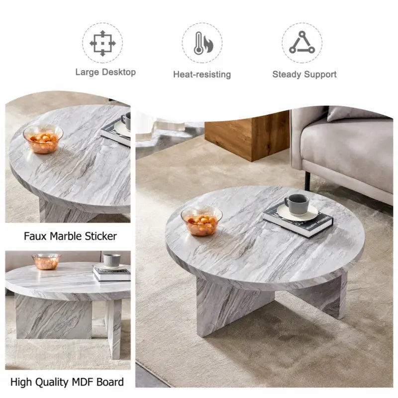 This round coffee table is suitable for small spaces and living rooms.