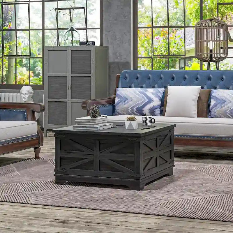 Farmhouse Coffee Table with Storage, Center Table with Hinged Lift Top and Hidden Space, Square Coffee Table
