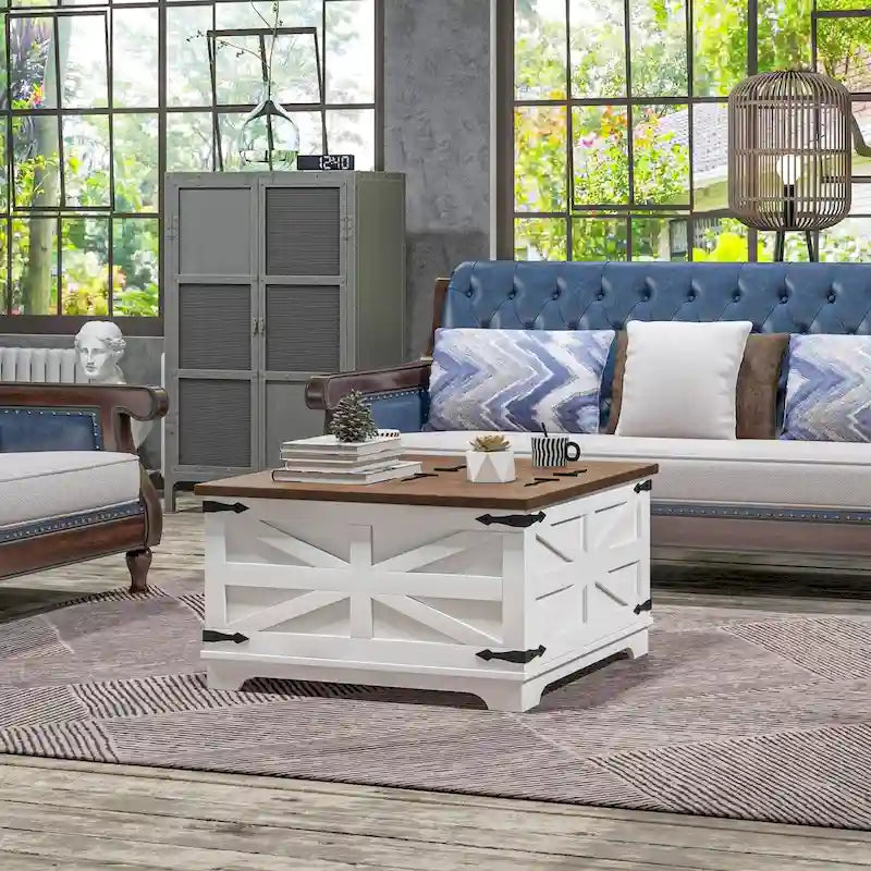 Farmhouse Coffee Table with Storage, Center Table with Hinged Lift Top and Hidden Space, Square Coffee Table