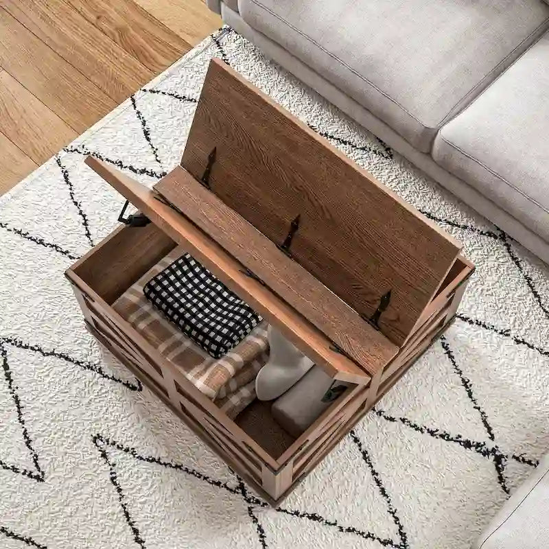 Farmhouse Coffee Table with Storage, Center Table with Hinged Lift Top and Hidden Space, Square Coffee Table