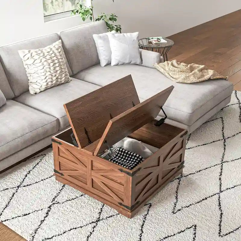 Farmhouse Coffee Table with Storage, Center Table with Hinged Lift Top and Hidden Space, Square Coffee Table