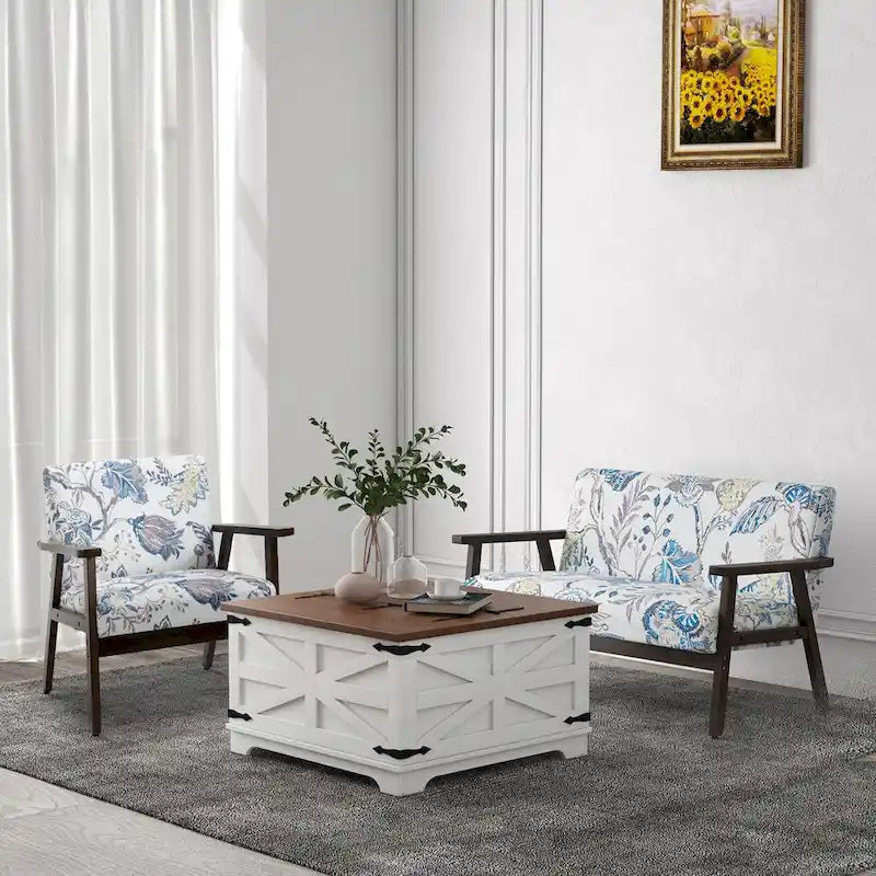 Farmhouse Coffee Table with Storage, Center Table with Hinged Lift Top and Hidden Space, Square Coffee Table