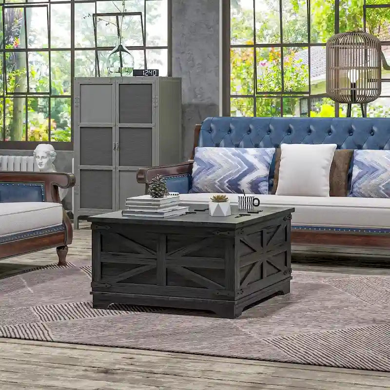 Farmhouse Coffee Table with Storage, Center Table with Hinged Lift Top and Hidden Space, Square Coffee Table