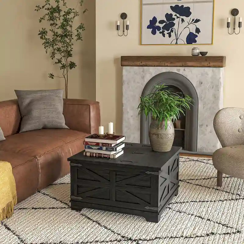 Farmhouse Coffee Table with Storage, Center Table with Hinged Lift Top and Hidden Space, Square Coffee Table