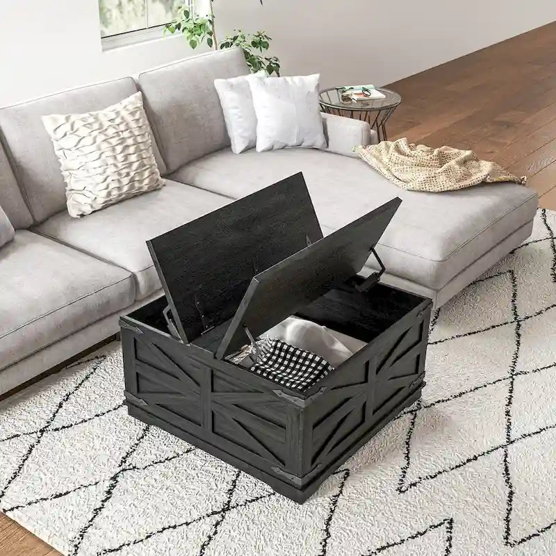 Farmhouse Coffee Table with Storage, Center Table with Hinged Lift Top and Hidden Space, Square Coffee Table