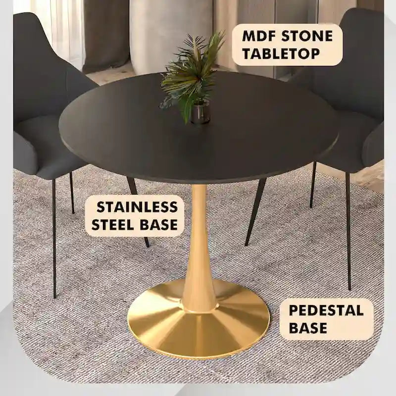 Bristol 35 Round Dining Table for 4 with MDF Tabletop in Gold Steel Base for Kitchen & Dining Room