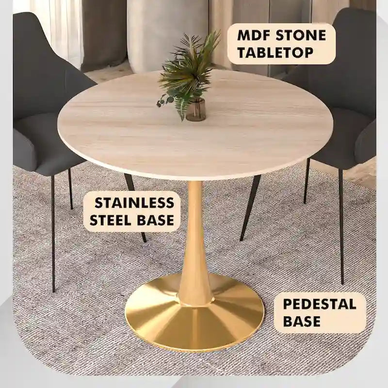 Bristol 35 Round Dining Table for 4 with MDF Tabletop in Gold Steel Base for Kitchen & Dining Room