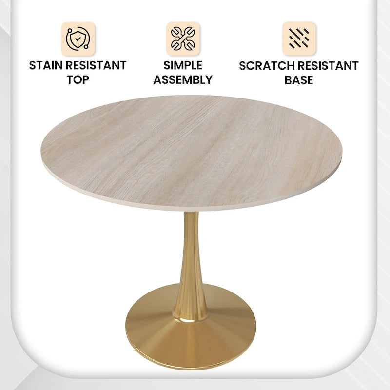 Bristol 35 Round Dining Table for 4 with MDF Tabletop in Gold Steel Base for Kitchen & Dining Room