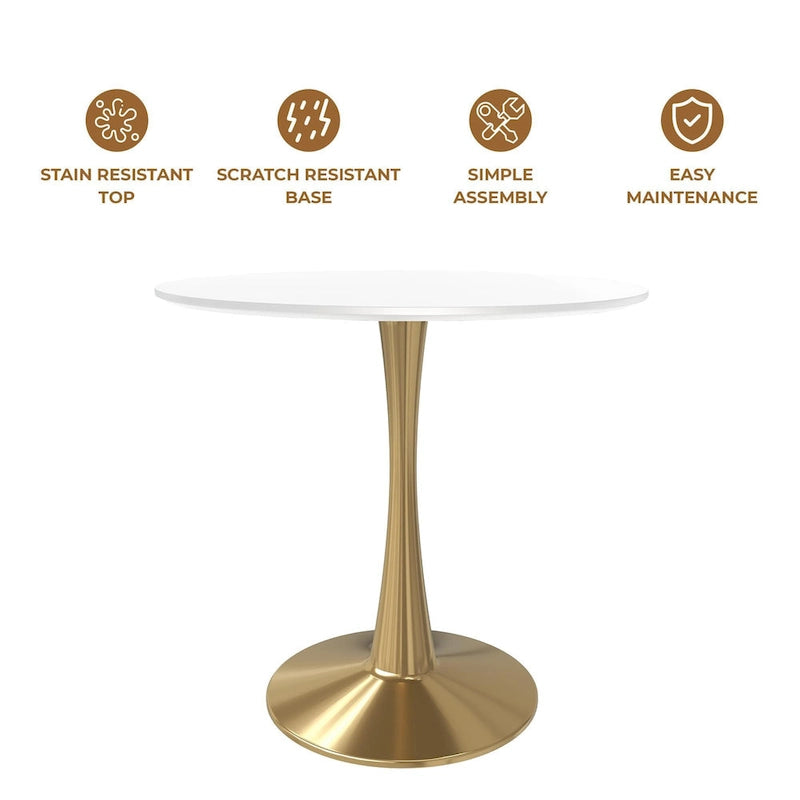 Bristol 35 Round Dining Table for 4 with MDF Tabletop in Gold Steel Base for Kitchen & Dining Room