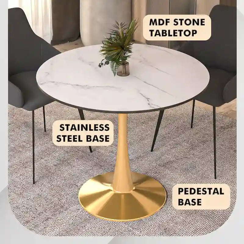 Bristol 35 Round Dining Table for 4 with MDF Tabletop in Gold Steel Base for Kitchen & Dining Room