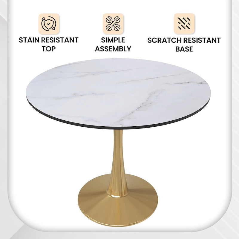Bristol 35 Round Dining Table for 4 with MDF Tabletop in Gold Steel Base for Kitchen & Dining Room