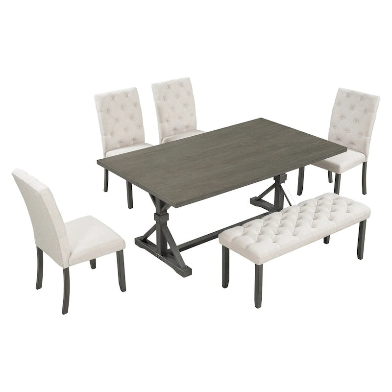 6-Piece Dining Table Set, 72 Rectangular Table, 4 Chairs with Bench