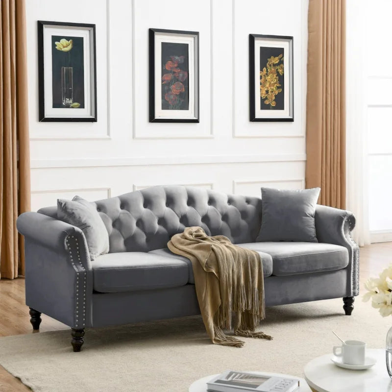 79 Chesterfield Sofa Grey Velvet for Living Room, 3 Seater Sofa Tufted Couch with Rolled Arms and Nailhead