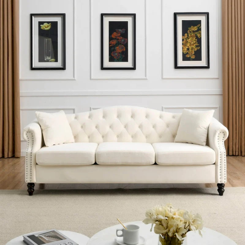 79 Chesterfield Sofa Grey Velvet for Living Room, 3 Seater Sofa Tufted Couch with Rolled Arms and Nailhead