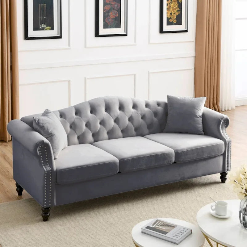 79 Chesterfield Sofa Grey Velvet for Living Room, 3 Seater Sofa Tufted Couch with Rolled Arms and Nailhead