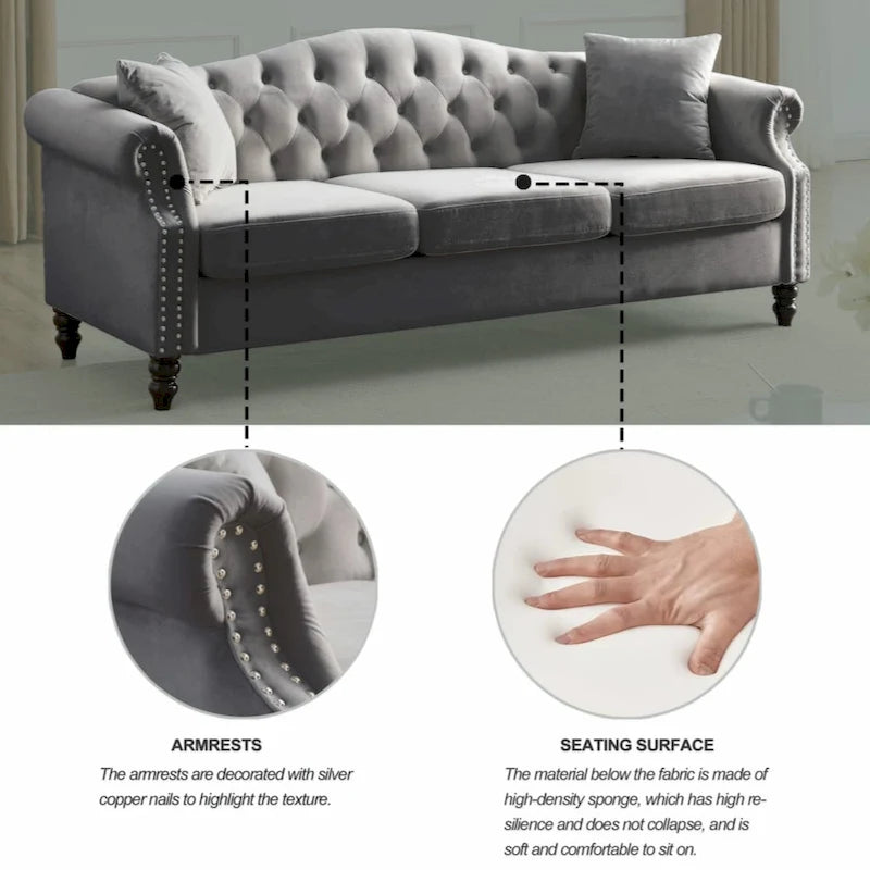 79 Chesterfield Sofa Grey Velvet for Living Room, 3 Seater Sofa Tufted Couch with Rolled Arms and Nailhead