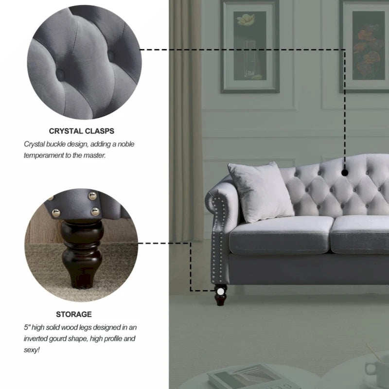 79 Chesterfield Sofa Grey Velvet for Living Room, 3 Seater Sofa Tufted Couch with Rolled Arms and Nailhead