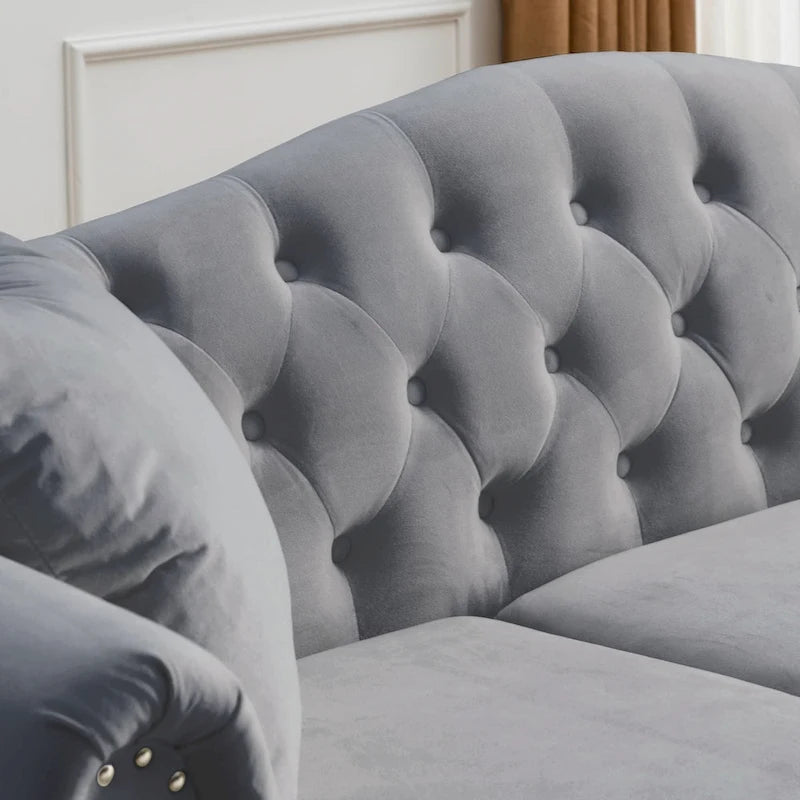 79 Chesterfield Sofa Grey Velvet for Living Room, 3 Seater Sofa Tufted Couch with Rolled Arms and Nailhead