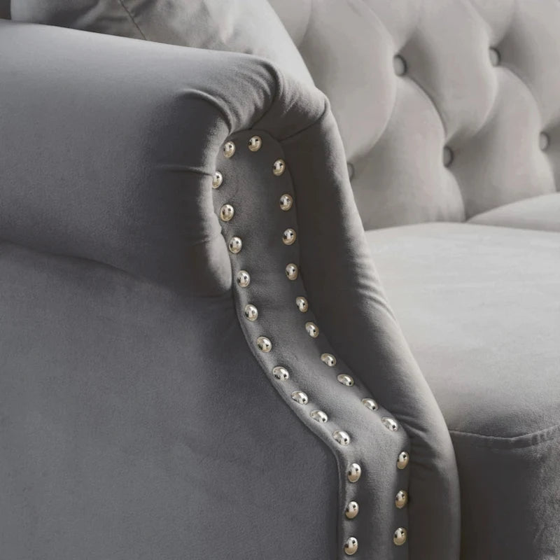 79 Chesterfield Sofa Grey Velvet for Living Room, 3 Seater Sofa Tufted Couch with Rolled Arms and Nailhead