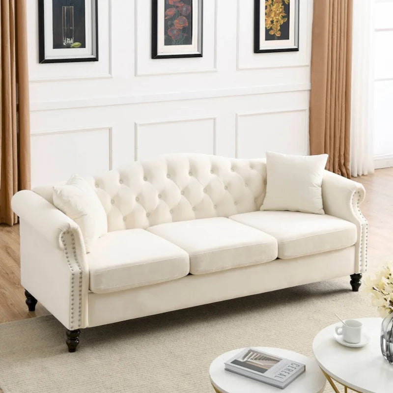 79 Chesterfield Sofa Grey Velvet for Living Room, 3 Seater Sofa Tufted Couch with Rolled Arms and Nailhead
