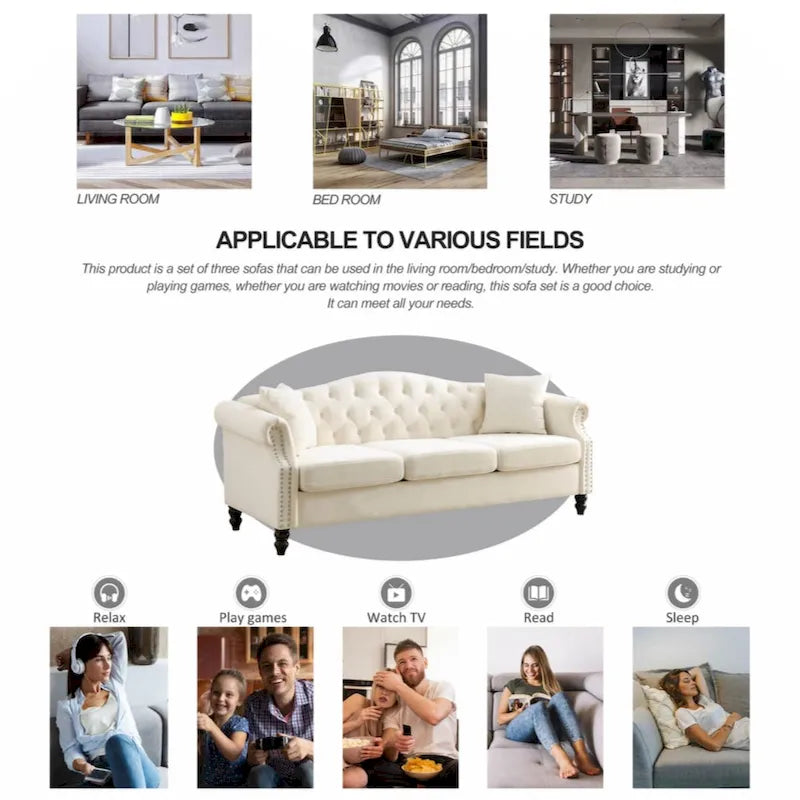 79 Chesterfield Sofa Grey Velvet for Living Room, 3 Seater Sofa Tufted Couch with Rolled Arms and Nailhead