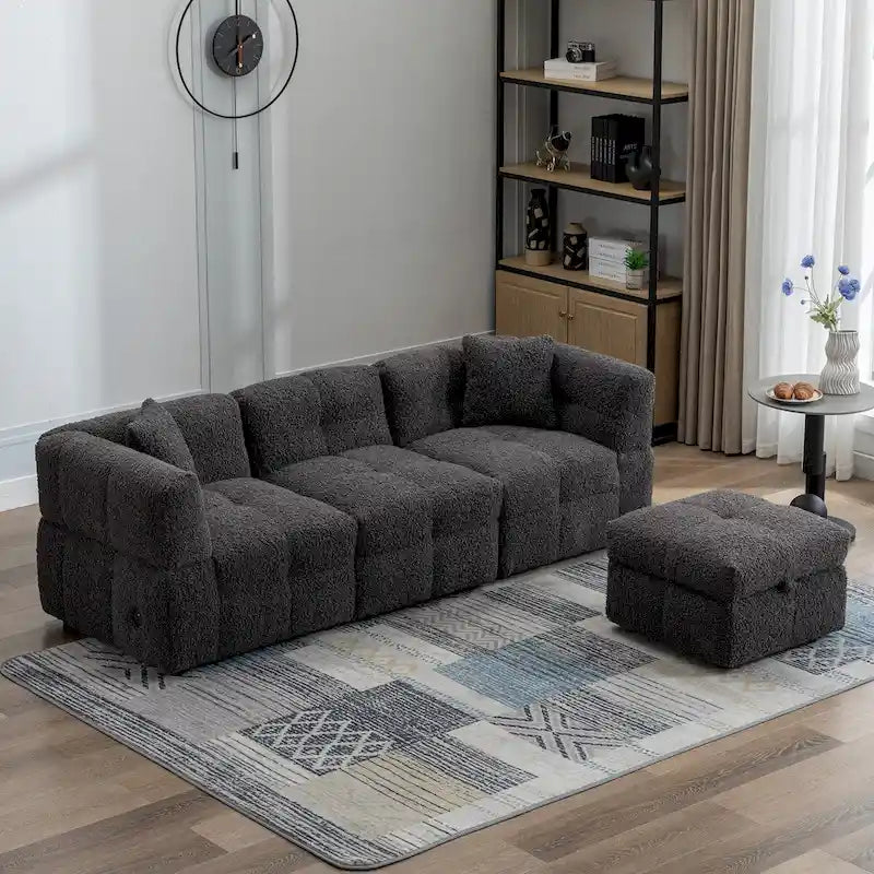 87.7 Sectional Sofa Cozy Teddy Fleece Fabric Sectional Sofa Couch