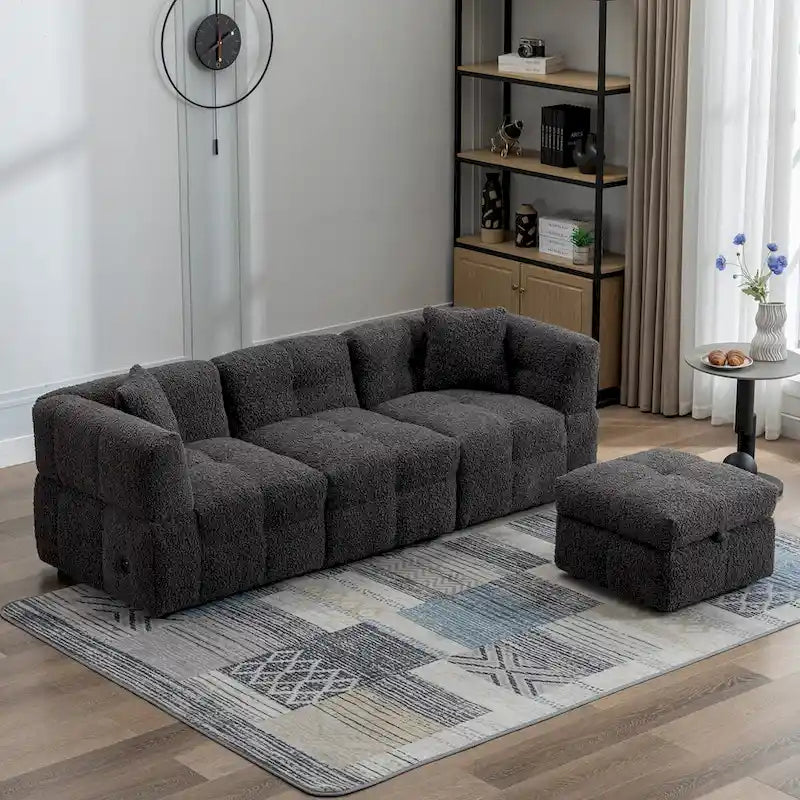 87.7 Sectional Sofa Cozy Teddy Fleece Fabric Sectional Sofa Couch