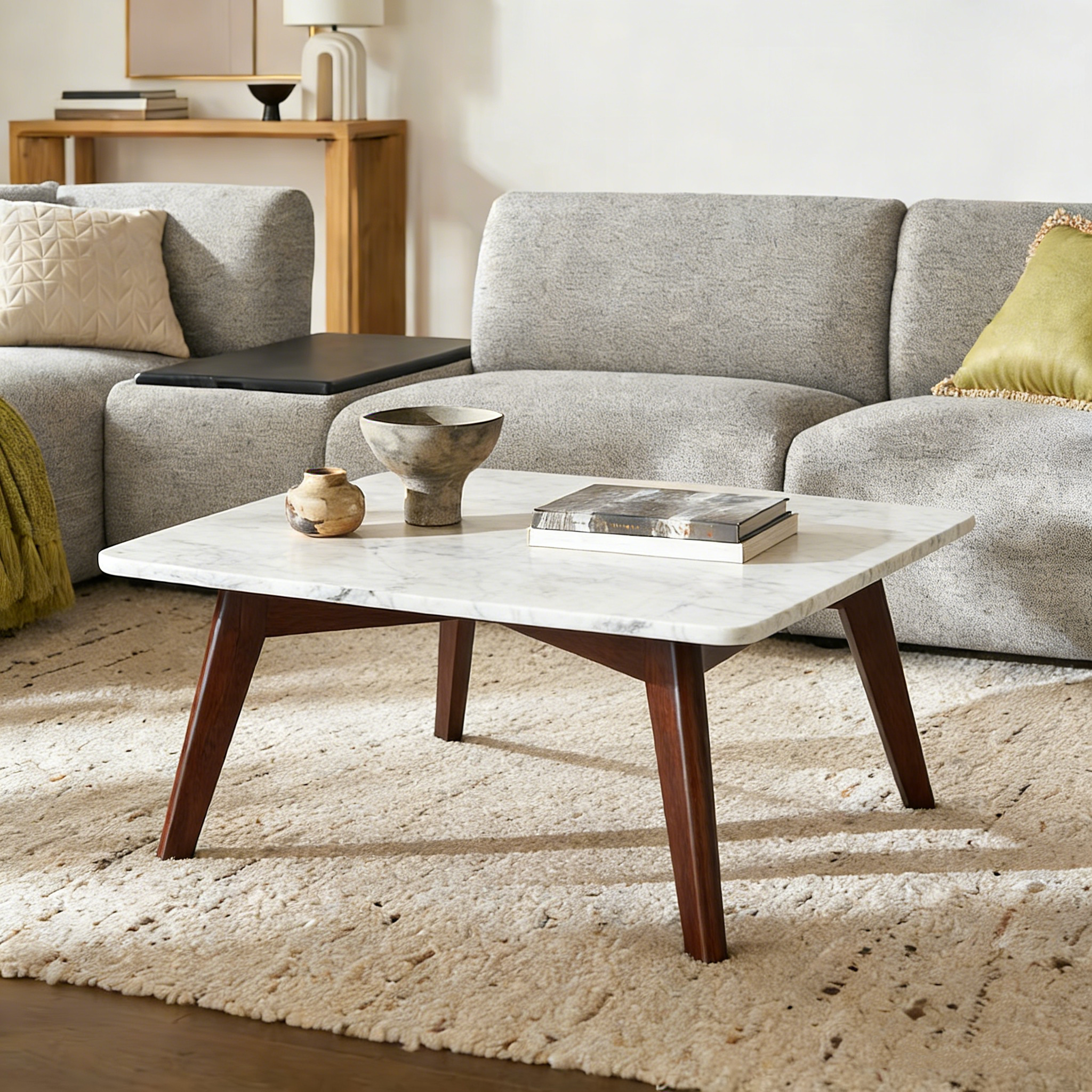 Vezzana 31 Square Italian Carrara White Marble Coffee Table with Walnut Legs